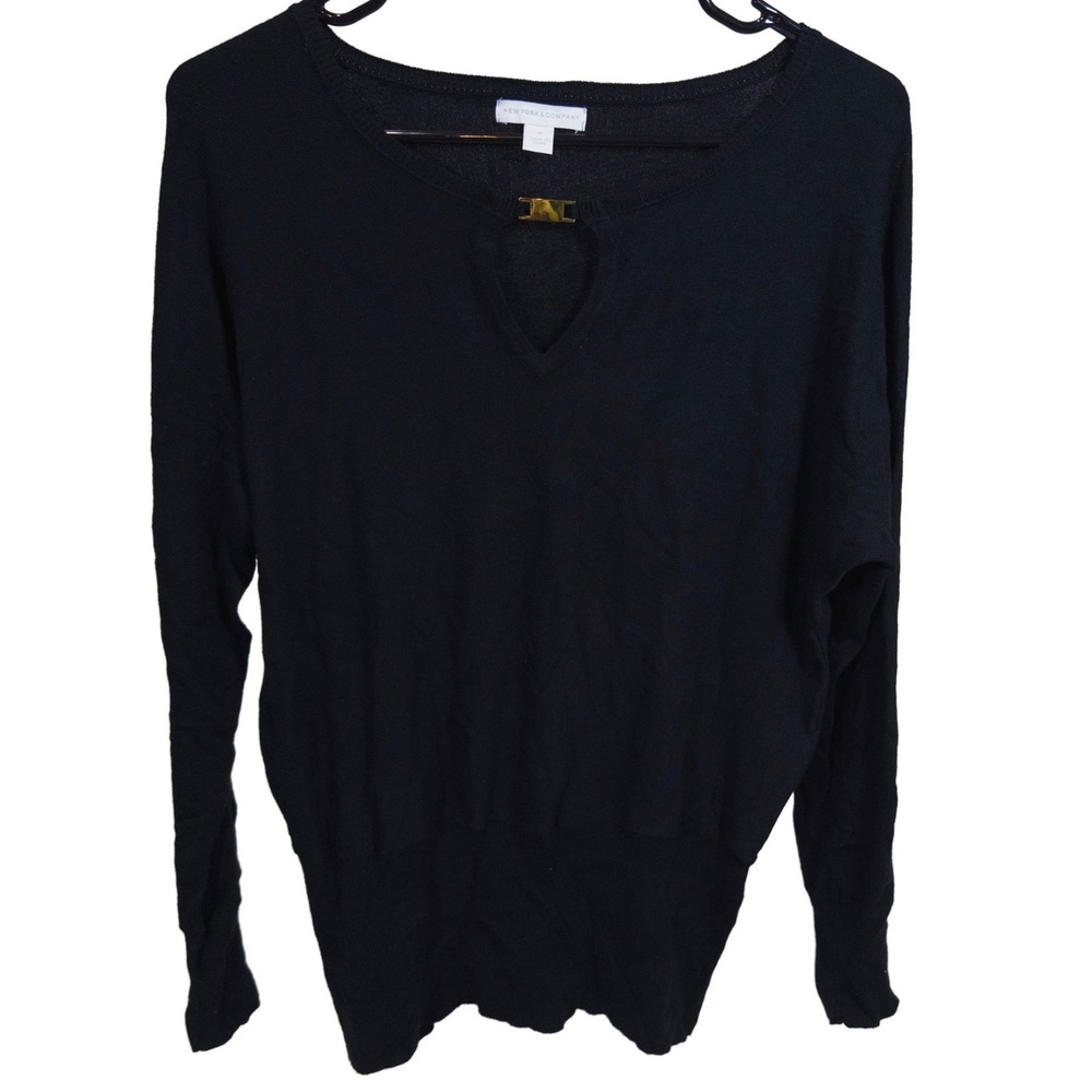 New York & Company Sweater M Womens Keyhole Gold Bar Knit Pullover Black